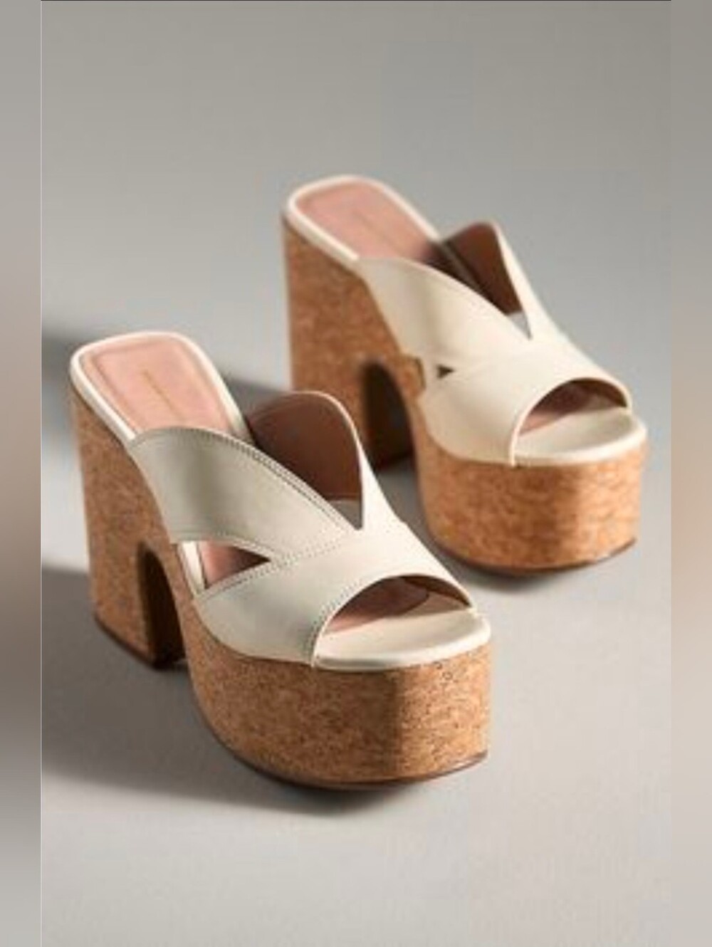 Anthropologie Cream Cork Platform Block Heel Mules Size 41